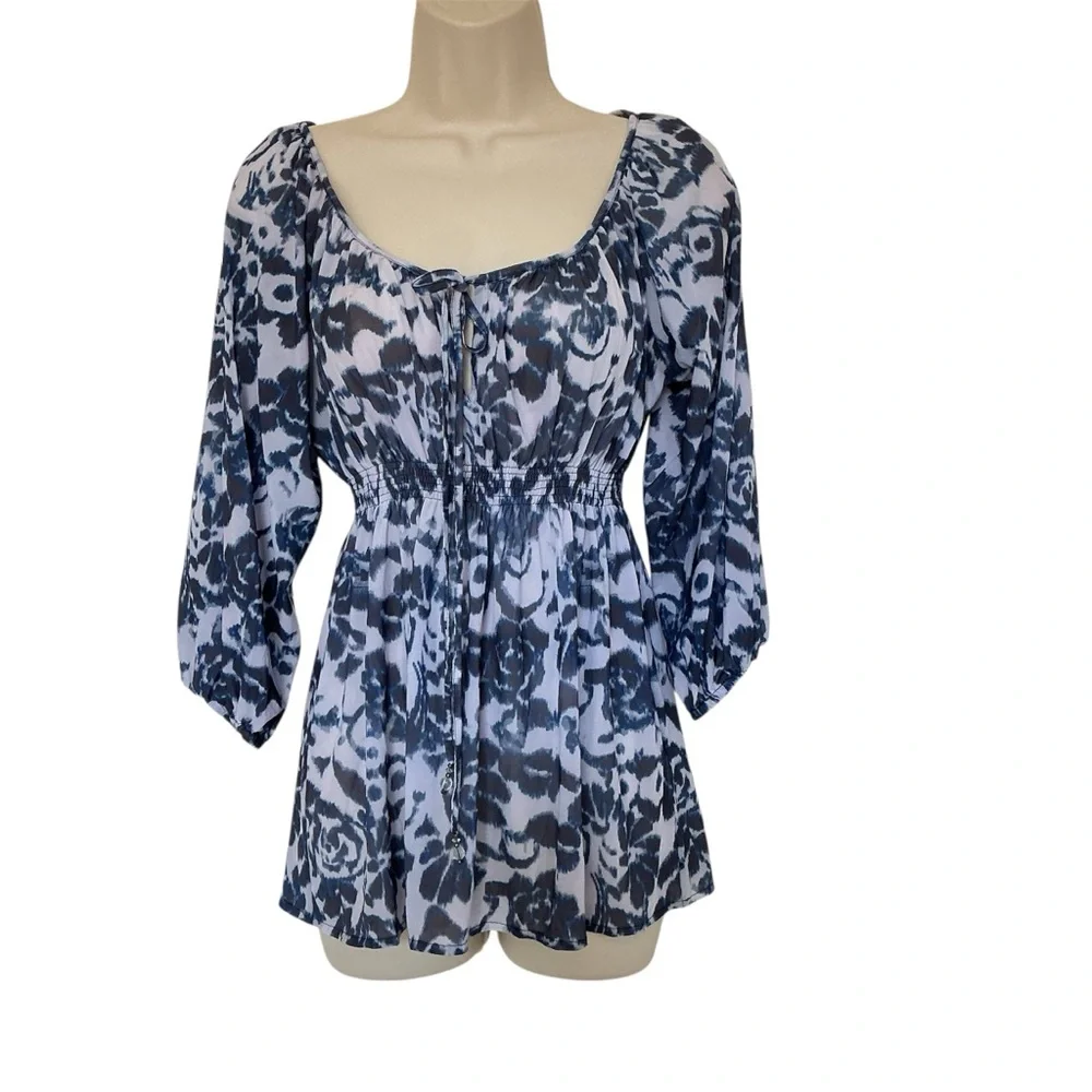 NWT Boston Proper Blocked Floral Top Blouse Tie Front Size XS - Picture 1 of 10